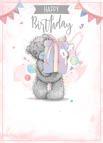 Kort, Happy Birthday, bamse med pakken (lyserød)- Me To You